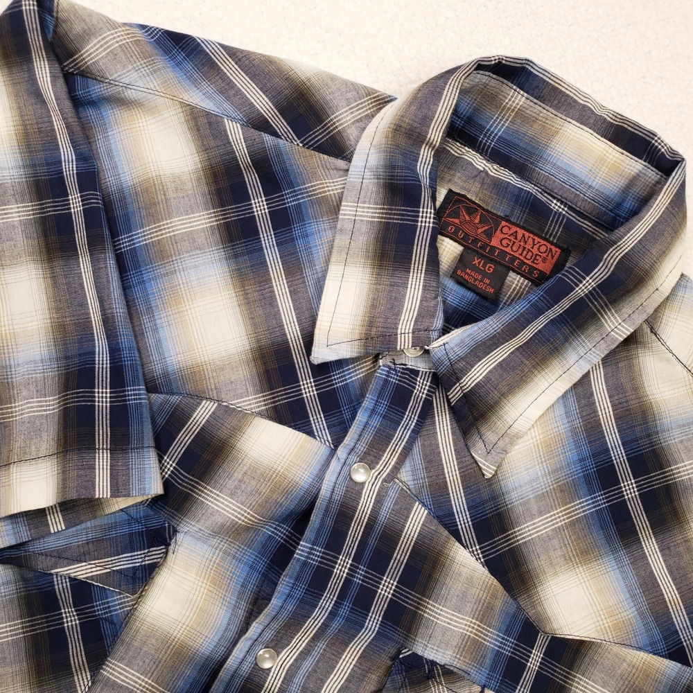Canyon Guide Outfitters Western Shirt Mens XL Blue Plaid Pearl Snap Short Sleeve